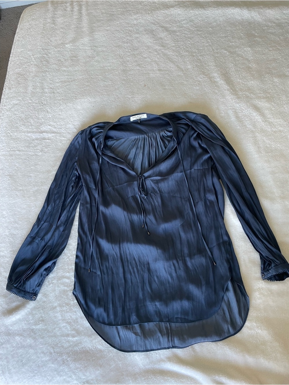 Halston Heritage Navy Satin Tie-Neck Long Sleeve Blouse